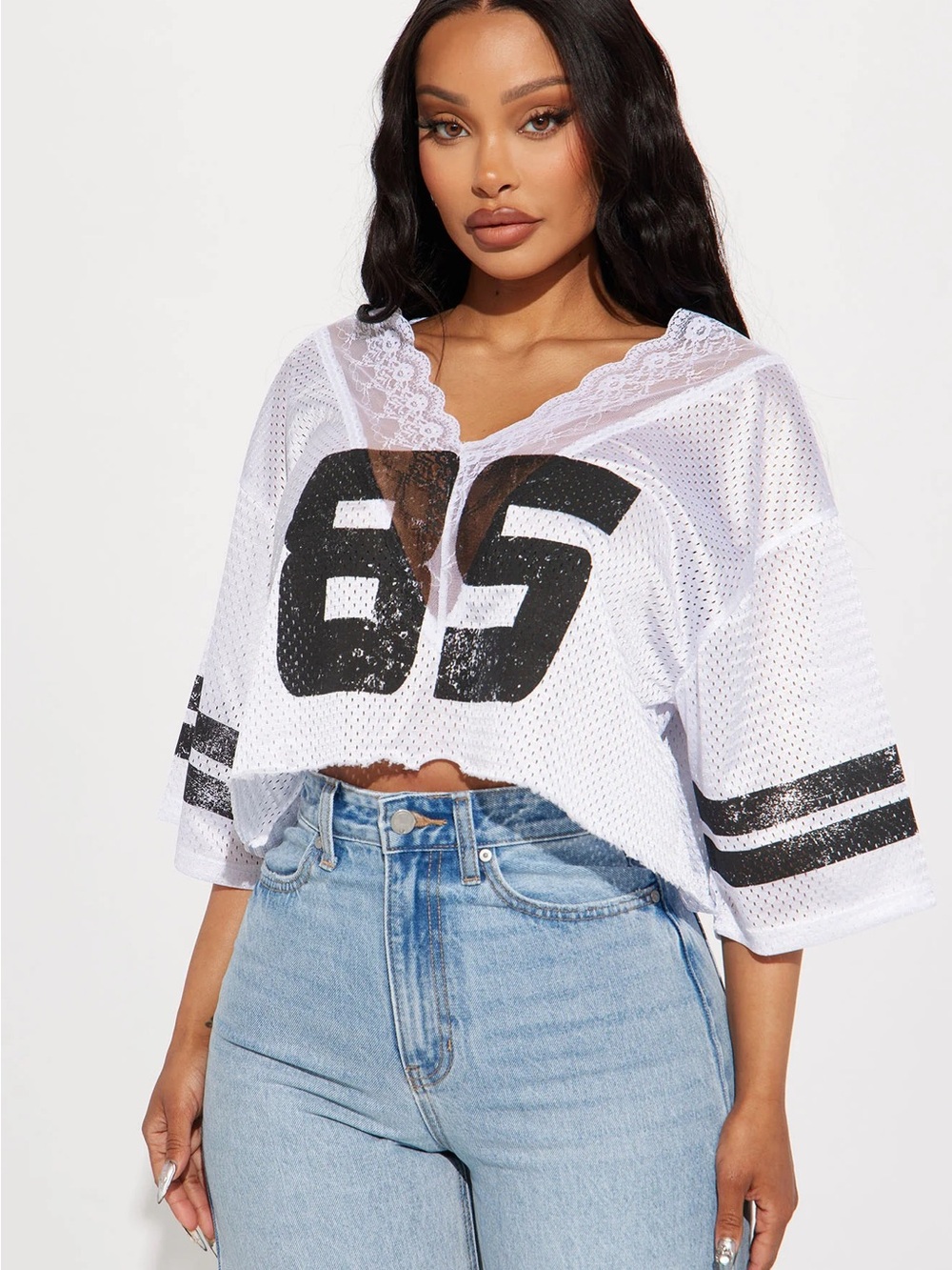 White Lace-Trim Mesh Crop Top with Black Number Print